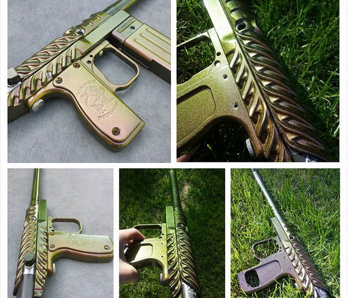 Paintball gun with 4739CS Gold Green Bronze Chameleon Pearls powder coated on the surface.