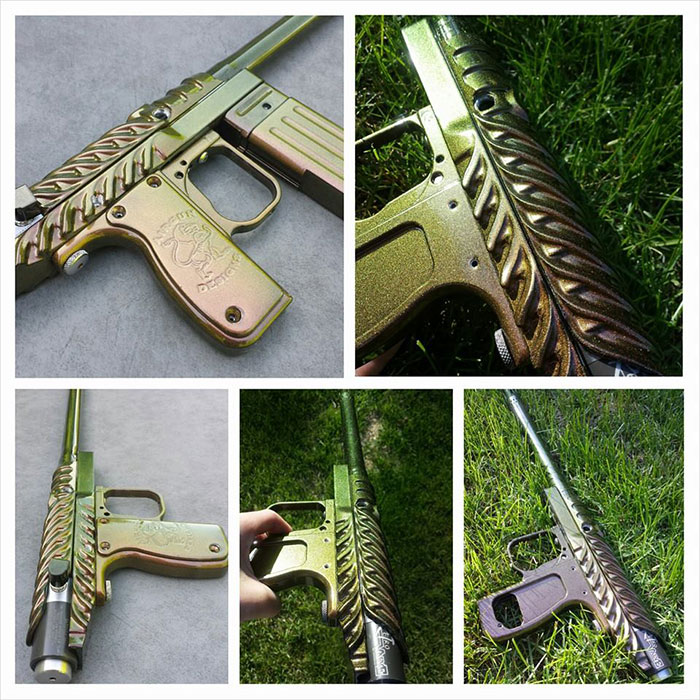 Paintball gun with 4739CS Gold Green Bronze Chameleon Pearls powder coated on the surface.
