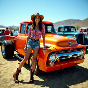 Pretty cowgirl stands in frnt of a 1950's Chevy Pickup painted in Orange with a Gold Ghost Pearl refecting gold over the orange.